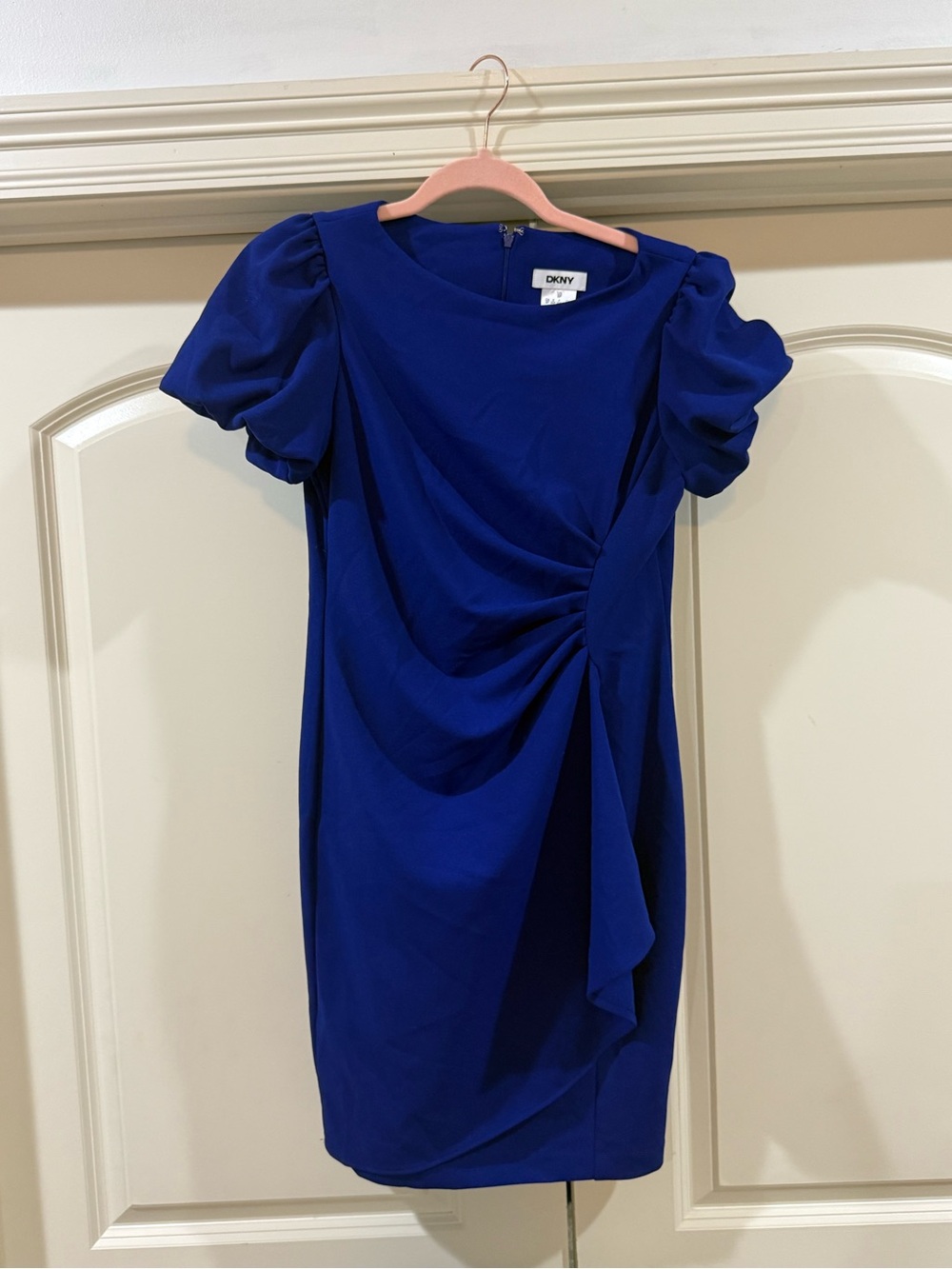 DKNY Cobalt Blue Puff-Sleeve Draped Midi Dress